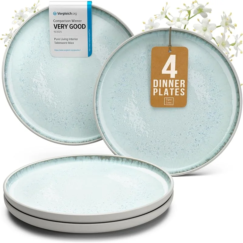 Visita la tienda de PURE LIVING INTERIOR DESIGN Juego de platos de cena de gres 4 piezas – 10.2" platos de cerámica beige y azul con bordes alivianados – Aptos para lavavajillas y microondas – Platos de estilo moderno – Servicio de mesa Pure Living — Adviento y mesa