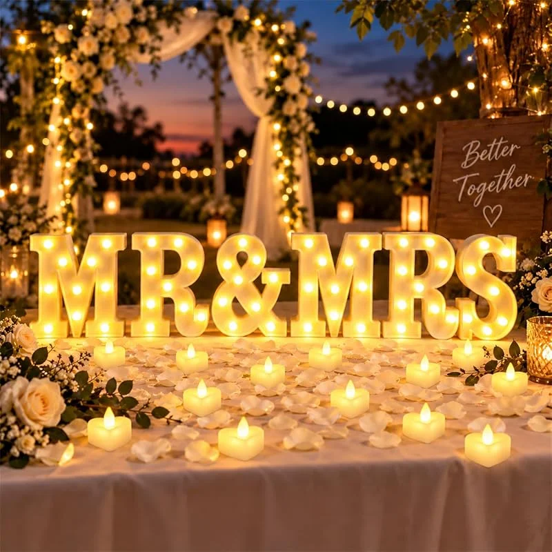 Coume 6 letreros LED Mr and Mrs, 12 velas LED sin llama, 300 pétalos de rosa artificiales, letrero de neón para mesa de boda, corazón, velas románticas, letras iluminadas para noche romántica, decoración de — Cena a la luz de velas