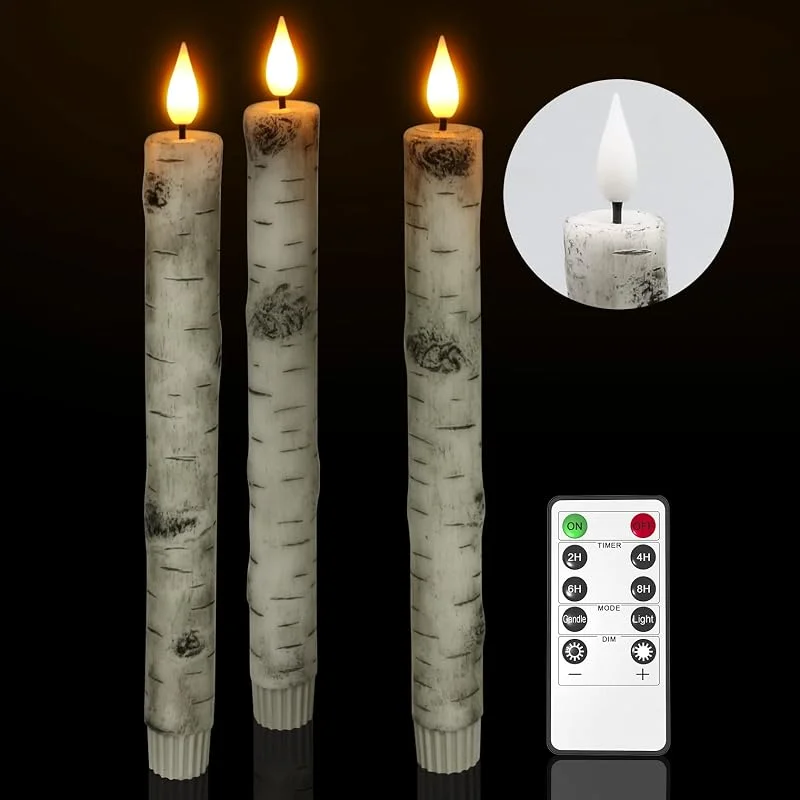 Visita la tienda de PChero PChero - Velas LED de corteza de abedul, 3 piezas de cera real, sin llama, con temporizador remoto, funciona con pilas, sin goteo, rústico, para decoración de fiesta de Navidad, Halloween — Cena a la luz de velas