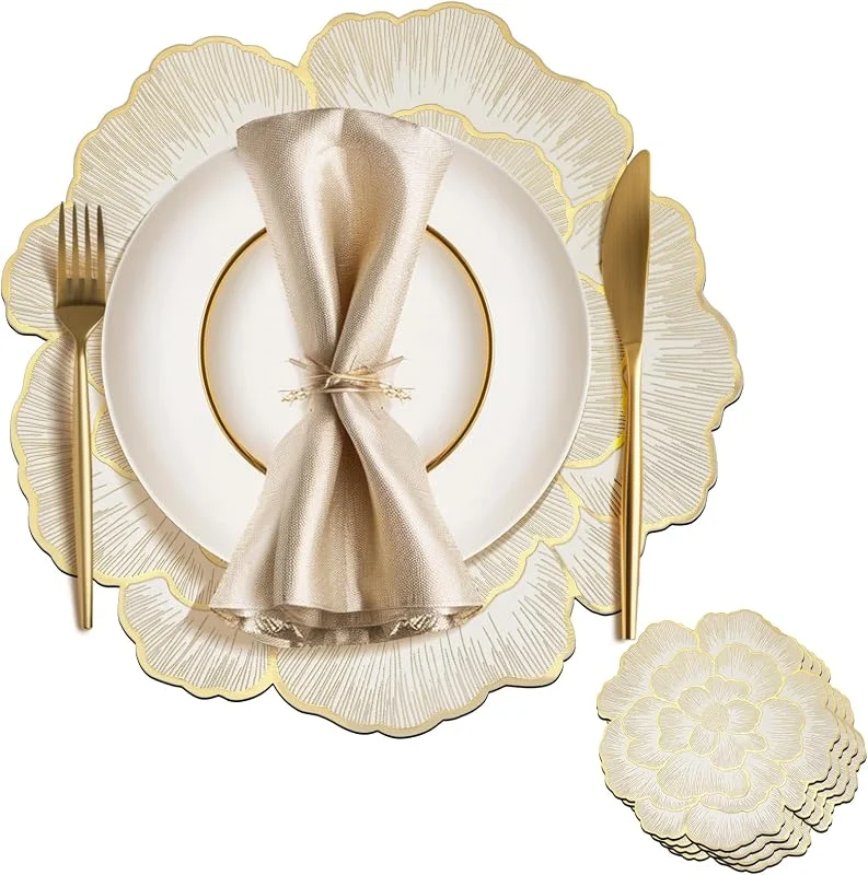 ZLLkeji Juego de manteles individuales redondos dorados, 38 cm, flores, lavables, antideslizantes, para fiestas, bodas, restaurantes, Navidad — Hogar y cocina