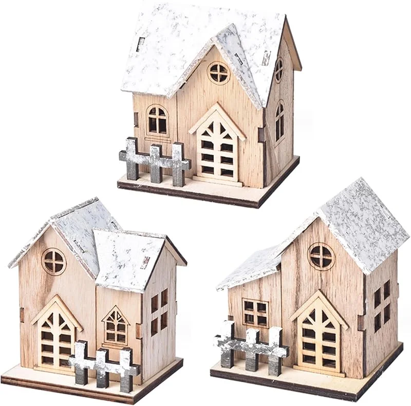 Peosaard Juegos de Pueblo Navideño 3 Piezas LED Iluminado Madera Escena de Pueblo Navideño Funciona con Pilas Mini Decoraciones de Casa para Mesa Ventana Dormitorio, Juegos — Decoracion Navidad