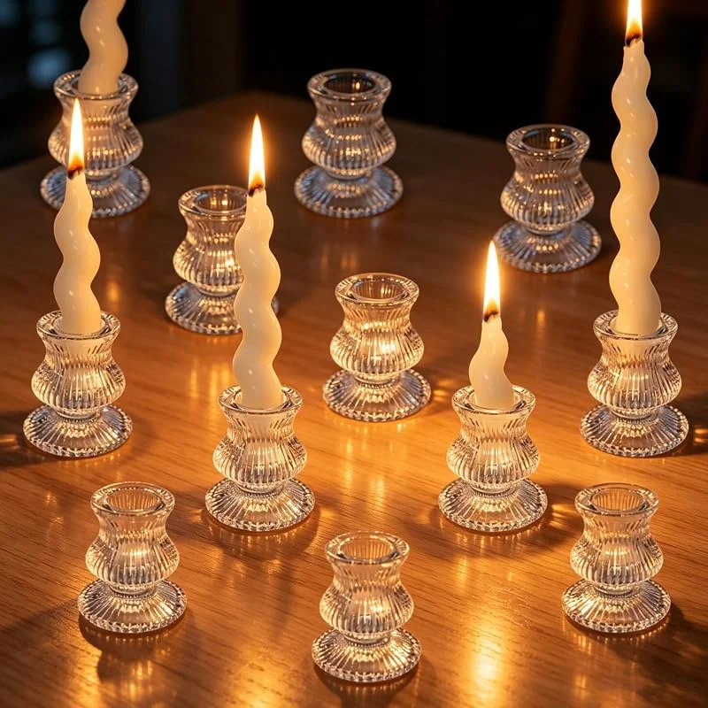 Sophisticate Portavelas de Cristal Transparente Cónico, Candelabro de Rayas Transparentes — Adviento y mesa