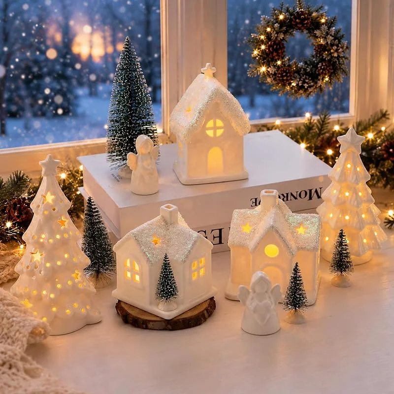TBRFP 12 pueblos de Navidad con iluminación, casa de Navidad, decoración de cerámica para interiores, 3 casas de Navidad iluminadas, 2 árboles de Navidad y 2 ángeles, pueblo de Navidad con iluminación para — Decoracion Navidad