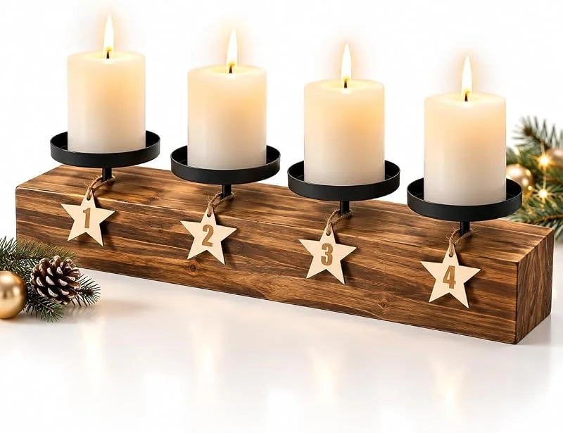 Eylkeup Corona de Adviento de madera, con números del 1 al 4, con plato de vela de 8 cm de diámetro, decoración de mesa para Adviento y Navidad — Adviento y mesa