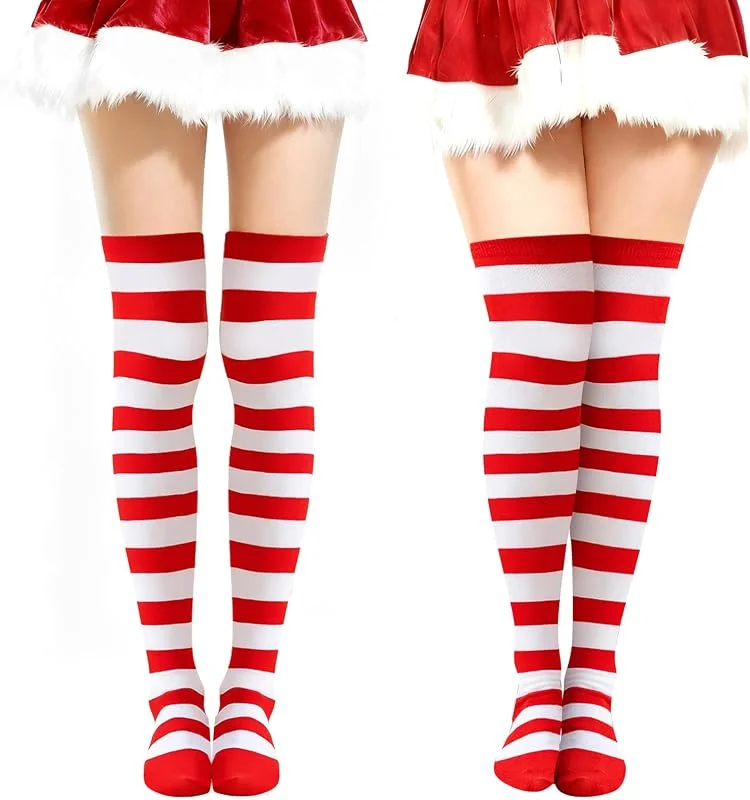 QIZHIQIAMY 2 Pares Medias Rayas Elfo Mujer Calcetines Navideñas Hasta La Rodilla Medias de Duende para Mujeres, Adolescentes, Fiestas y Uso Diario — Ropa Navidad