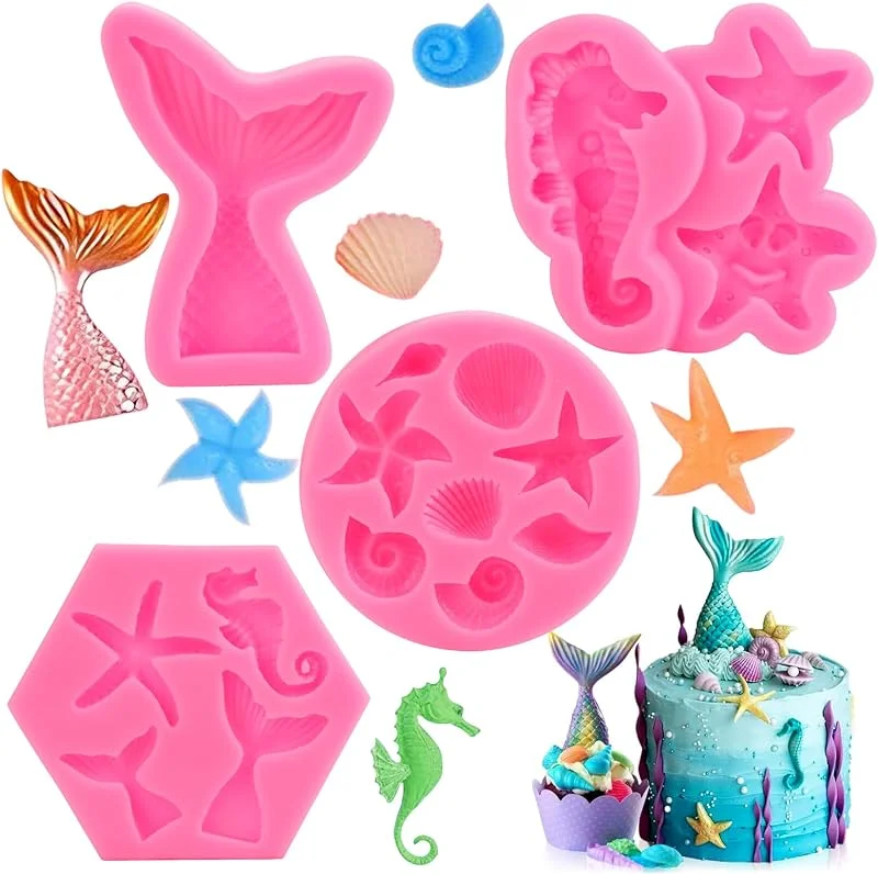 GOTRUST 4pcs Moldes Silicona Cola de Sirena, 3D Marina Animales Fondant Molde, Mould Conchas del Mar, Moulds para Pastel de Animales Oceánicos para Tartas, Pasteles, Magdalenas, Chocolate — Hogar y cocina