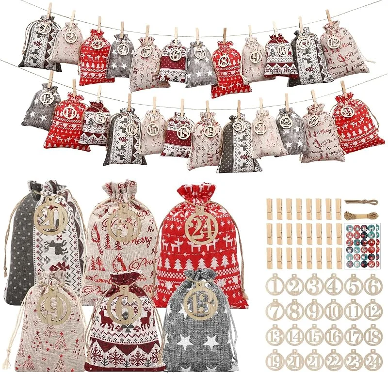 Votoko Calendario de Adviento 2026 para rellenar, 24 sacos para calendario de Adviento, 2 bolsas de tela para calendario de Navidad, bolsas de Adviento para rellenar (Beige) — Adviento y mesa