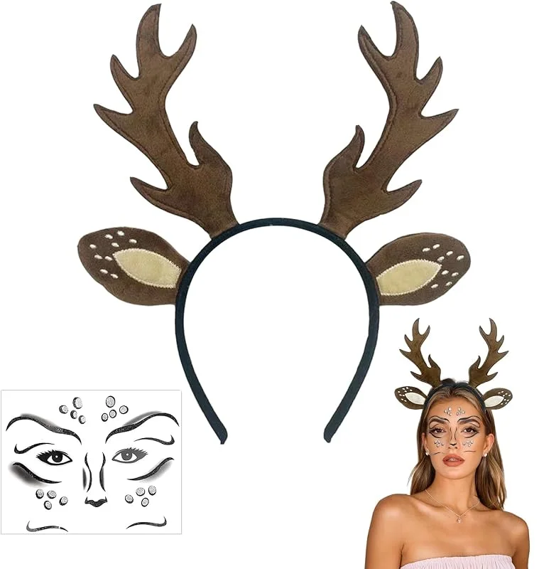 DIPZO Diadema de Cuernos de Reno, Tatuaje de Cara Ciervo, Disfraz de Reno para Adultos & Niños, Orejas de Reno para Halloween, Navidad, Carnaval & Accesorios de Cosplay — Ropa Navidad