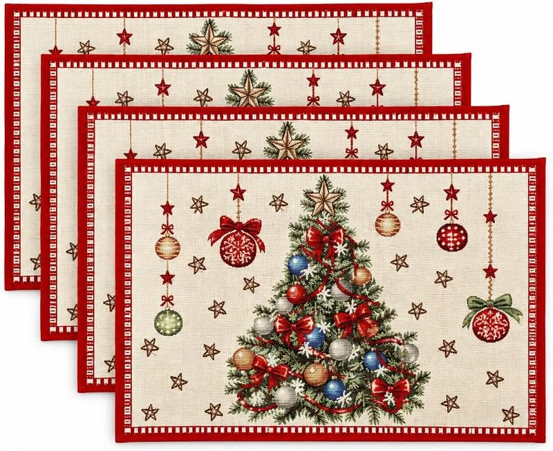 khevga Juego de 4 manteles individuales navideños con diseño de árbol de Navidad y cenefa roja, 48 x 33 cm, mezcla de algodón de alta calidad, decoración de mesa para Adviento y cenas de Navidad, color beige — Hogar y cocina