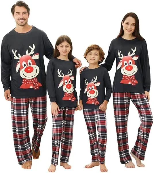 Kouric Pijamas Navidad Familia, Pijamas Navideños Familiares con Estampado de Reno con Bufanda, Pijama Natal Familia Top Azul Oscuro, Pantalón de Cuadros Rojos y Azules, Pijamas Navidad Pareja, Niña, Niño — Ropa Navidad