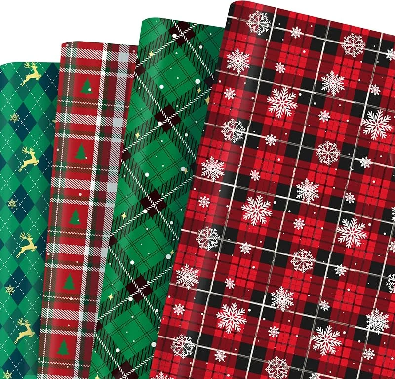 CC HOME 12 x Papel de regalo de Navidad, papel de regalo de Navidad, cuadros escoceses, rojo y verde, papel de regalo impreso por doble cara, 4 tipos, papel de regalo de Navidad, 50 x 68 cm — Envoltorio regalo