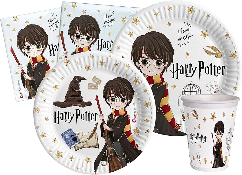 Visita la tienda de Ciao Ciao Kit Vajilla de Fiesta Harry Potter para 24 personas (112 pcs: 24 platos Ø23cm, 24 platos Ø18cm, 24 vasos 250ml, 40 servilletas 33x33cm) de papel compostable — Adviento y mesa