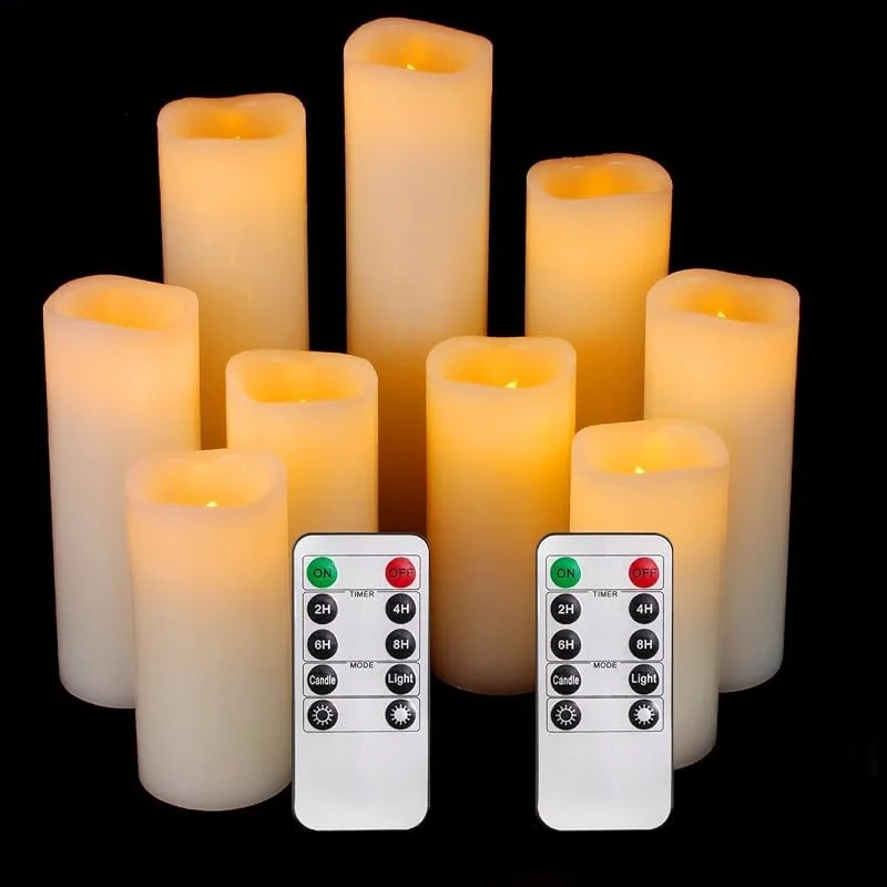 Baikaraer Velas LED, sin llama, juego de 9, diámetro 5.5 cmxaltura 10, 12.5, 15, 17.5, 20, 22.8 cm, velas de cera real con mando a distancia y función de temporizador de 24 horas (marfil) — Cena a la luz de velas