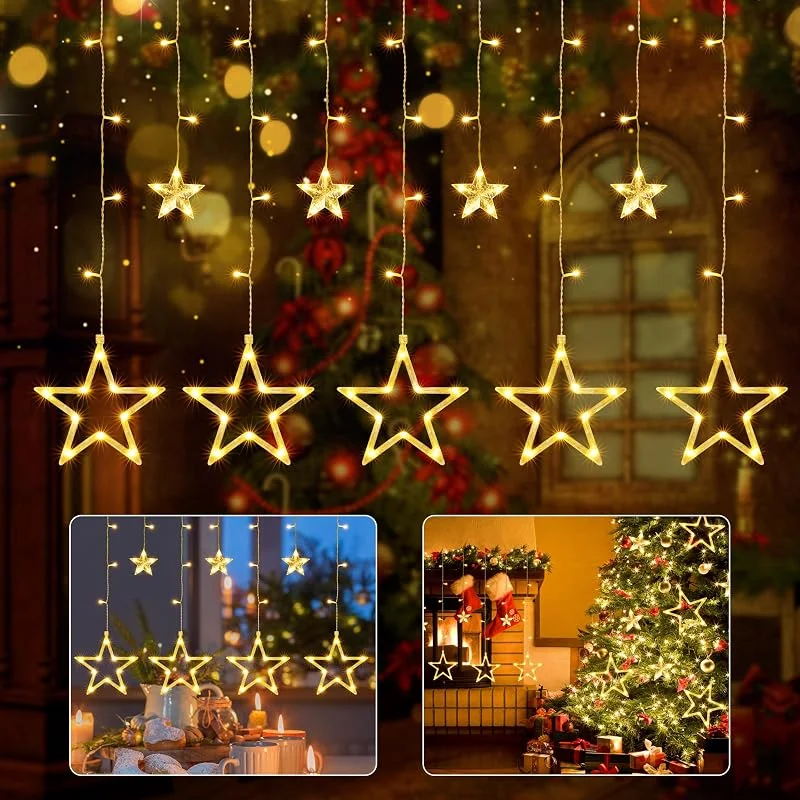 Visita la tienda de iShabao iShabao 2.4m Luces de Cortina de Estrella de Navidad, 138 LED Guirnalda de Luz de Decoración de Ventanas, 8 Modos de Iluminación, Navidad, Boda, Cumpleaños, Hogar, Patio, Blanco Cálido — Luces Navidad