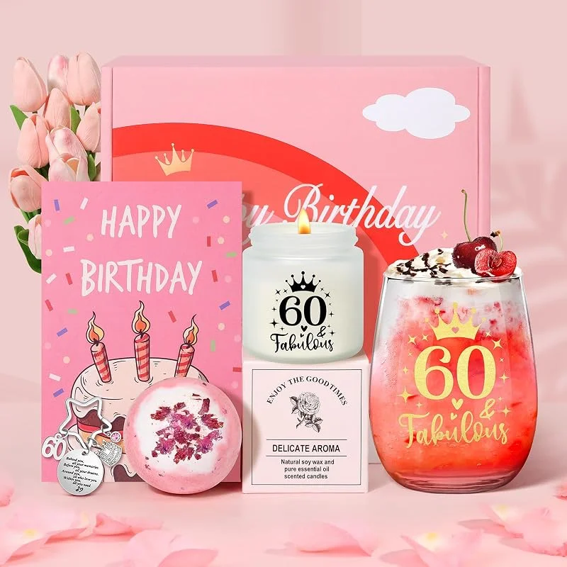 Tecanne Juego de regalo de 60 cumpleaños para mujer, copa de vino de cristal personalizada, caja de regalo de ginebra para jubilación, para mamá, abuela, hermana, mejores amigas — Vino y mesa festiva