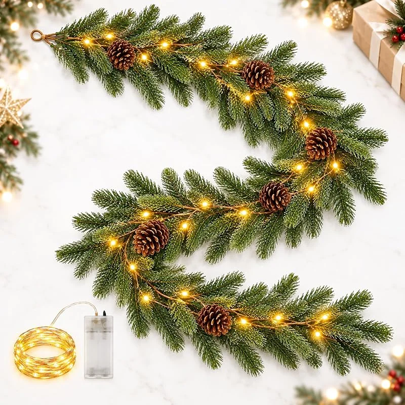 GAROMIA Guirnalda de abeto artificial de 2 m con iluminación, 20 ledes — Decoracion Navidad