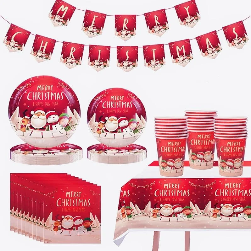 KAHEIGN 118 Piezas Vajilla de Fiesta de Navidad, 1 x Mantel, 1 x Pancarta, 20 x Servilletas, 16 x Tazas, 16 x Platos de 7 Pulgadas y 8, 6 Pulgadas, 16 x Reutilizables Cuchillos, Tenedores y Cucharas — Adviento y mesa