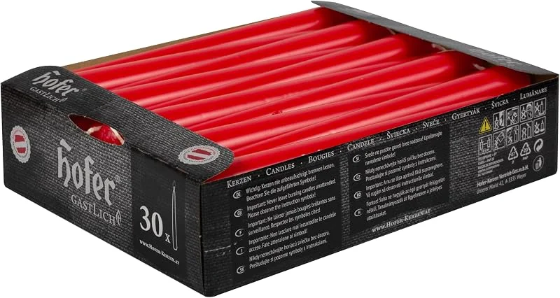hofer gegr.1418 Hofer Velas para candelabros - 23 x 250 mm - Color rojo - Juego de 30 velas cónicas largas - Larga duración de 7 horas - Sin perfume - Calidad RAL — Cena a la luz de velas
