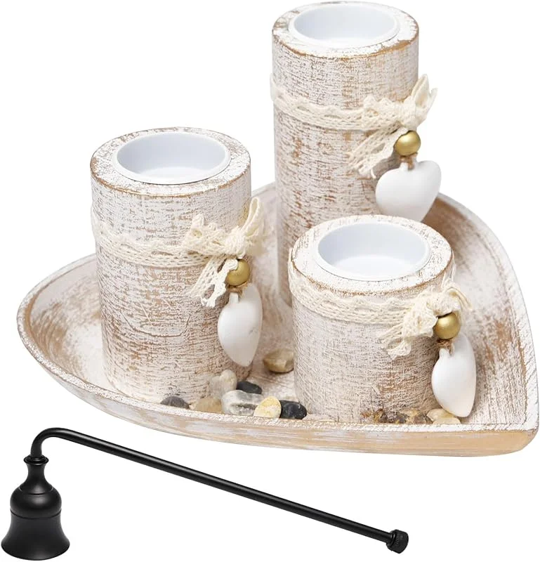 Neikafan 3Pz Candelabros con Bandeja de Madera Forma Corazón con Campana Apagavelas — Cena a la luz de velas