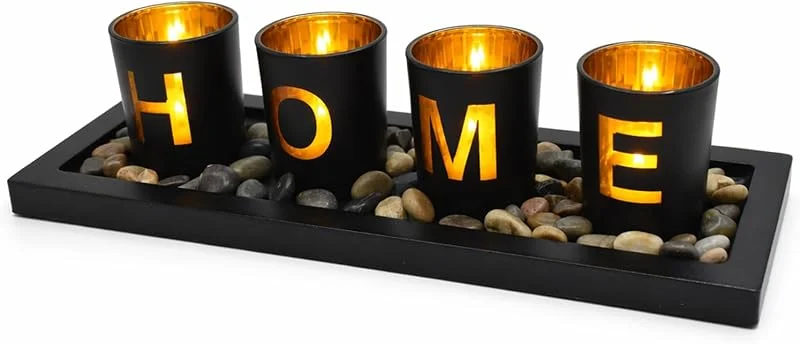 Visita la tienda de Yiomxhi Candelabros con Bandeja de Madera, 4 Portavelas Cónico y Guijarros, Moderno Porta Velas Decorativos para Centro de Mesa Fiestas Hogar Decoración Navidad, Negro — Cena a la luz de velas