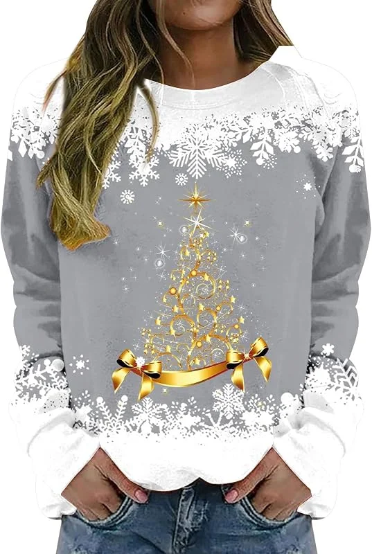 tacniseyw Suéter de Navidad para mujer, diseño de copo de nieve, árbol de Navidad, sudadera de manga larga, cuello redondo, camiseta fea de invierno de gran tamaño, camisetas gráficas novedosas — Ropa Navidad
