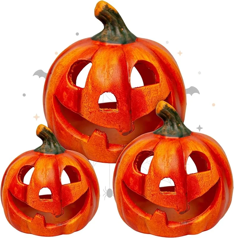 Visita la tienda de Logbuch-Verlag Logbuch-Verlag Juego de 3 portavelas de terracota en naranja, aprox. 10 a 15, 5 cm, calabazas de Halloween con cara como portavelas, decoración otoñal para mesa, entrada y alféizar — Cena a la luz de velas