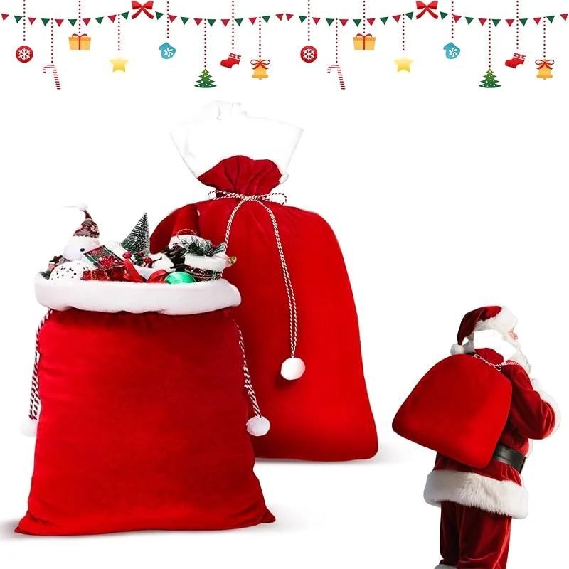 Shyllin Bolsa de Navidad de Terciopelo, 70x50cm, Saco Navideño Premium, Bolsas Extragrande de Santa Claus con Cordón, para Decoración y Envoltura de Regalos, Fiesta Temática (Rojo Sólido) — Envoltorio regalo
