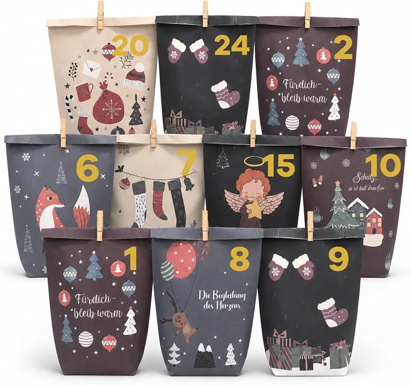 dellyy Calendario de Adviento para rellenar, 24 bolsas y pinzas DIY, A — Adviento y mesa