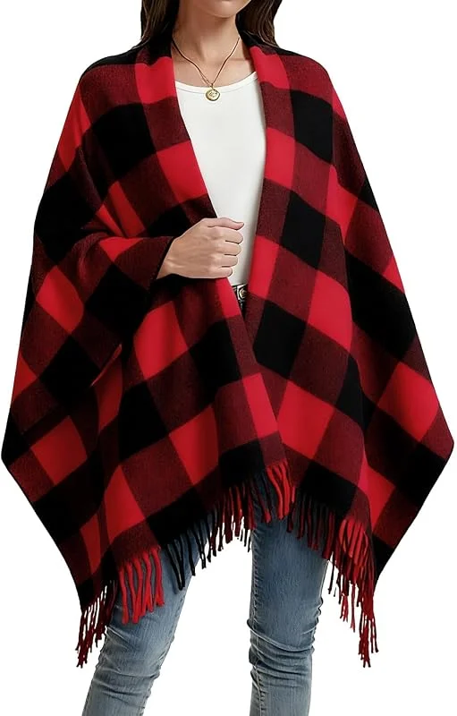 Visita la tienda de Rayson Poncho Mujer Invierno otoño Punto de Gran Tamaño Bufanda Manta Frente Abierto con Borla Diseño Envolvente Estampado a Cuadros Elegante Suéter Cardigan Suave Manta para Señoras — Ropa Navidad