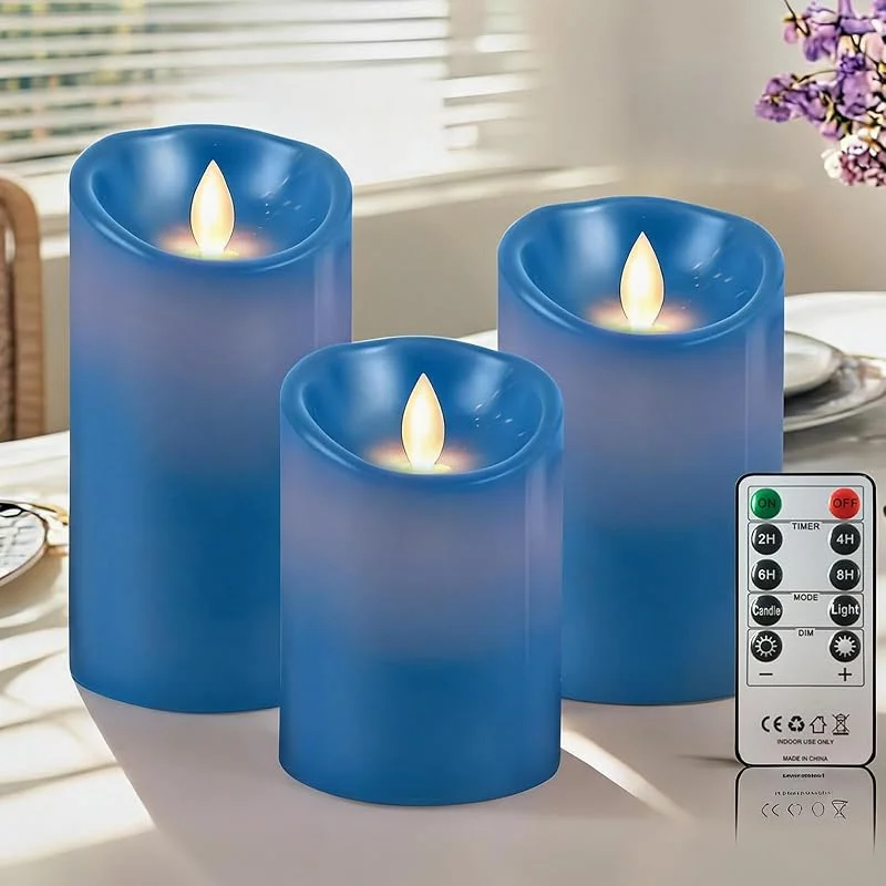 PinnWaa Velas LED de Pilar, 3 Piezas, Cera Real, Mando, Temporizador, Azul — Luces Navidad