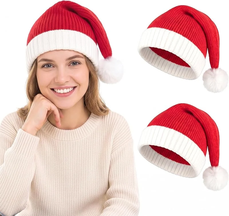 Vinuwu 2 gorros de Papá Noel, gorros navideños de punto para adultos, gorros largos de Papá Noel — Ropa Navidad