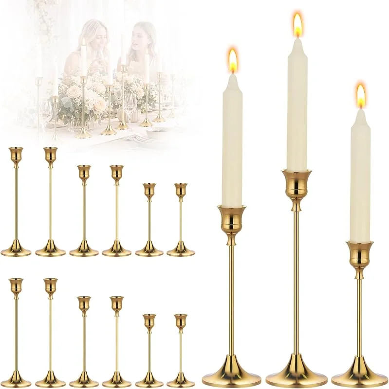 CEWROM 12 candelabros dorados con varilla, estilo vintage, candelabro — Cena a la luz de velas