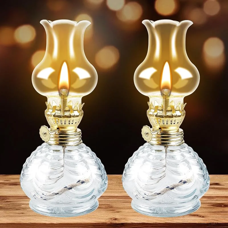 BORDEAG Lámpara de Aceite: 2 Piezas Lampara de Quinqué Antiguo con Mecha Regulable, Lámparas de Parafina en Cristal para Decoración Clásica del Sala Comedor Exteriores Interior — Cena a la luz de velas