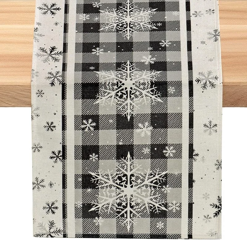 SOMYTING Camino de mesa de Navidad, 13 x 90 pulgadas, diseño de copos de nieve a cuadros grises, camino de mesa de Navidad, decoración de mesa de comedor, decoración de mesa de cocina, centro de mesa — Hogar y cocina
