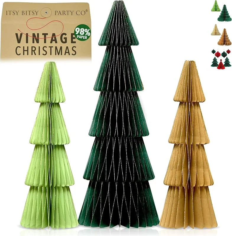Visita la tienda de Itsy Bitsy Party Co Decoraciones navideñas reutilizables de alta calidad, decoración de mesa y hogar, árboles de Navidad colgantes de papel para interiores (verde, marrón) — Envoltorio regalo