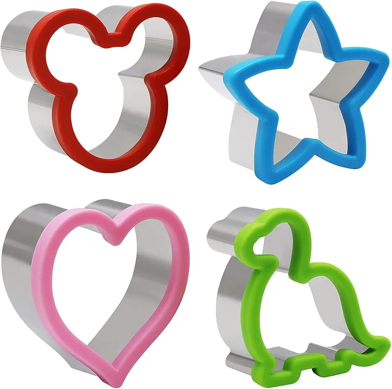 AMJKEJI 4 Piezas Cortadores de Galletas, Moldes Galletas Acero Inoxidable, Cortadores de Sándwich, Moldes Reposteria, Dinosaurio Corazón Estrella Mickey, Cortador de Frutas para Niños Cumpleaños — Hogar y cocina