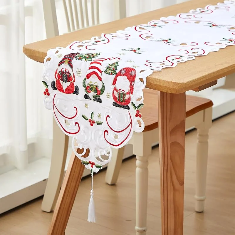 Namalu 38 x 176 cm Camino de Mesa Bordado de Navidad Corredor de Mesa Navideño Rojo Mantel Navideño para Festival Hogar Decoración Boda Fiesta Regalos(Estilo Gnomo) — Hogar y cocina