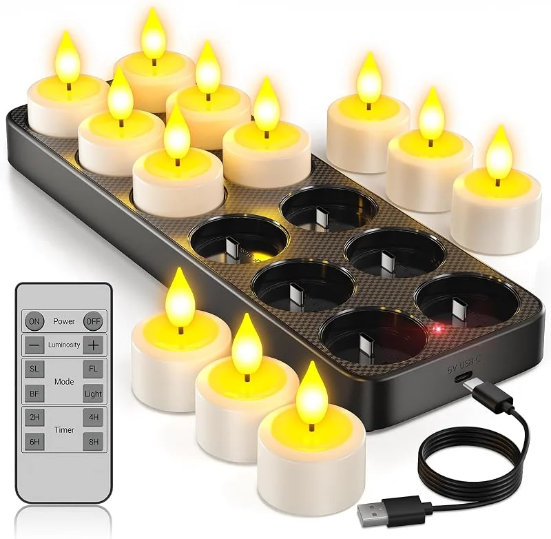 Visita la tienda de Yme Yme Velas de Té LED Recargables USB con Base de Carga, 12 Piezas Vela LED Efecto Llama Velas Electricas Decorativas con Mando a Distancia para Halloween Navidad Fiesta Hogar Cara Decoración — Luces Navidad