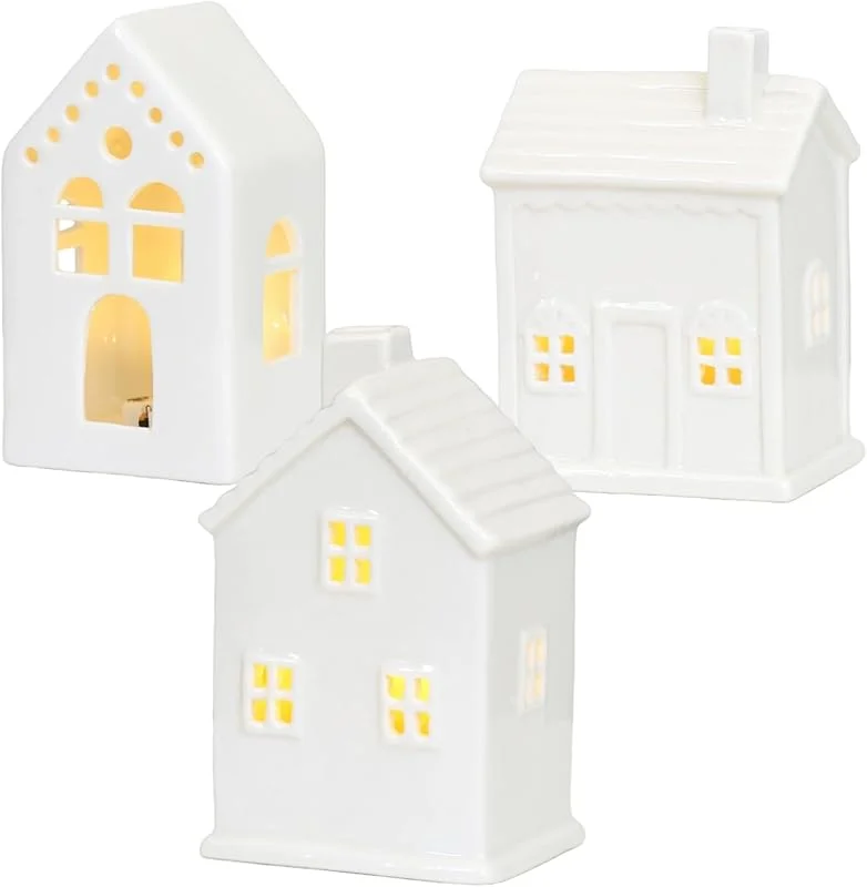 Hilai Decoraciones navideñas, Casas de Pueblo navideñas, 3 Piezas, Juego, Pueblo de Granja de cerámica Iluminado para centros de Mesa de Navidad, decoración del hogar de Vacaciones — Decoracion Navidad