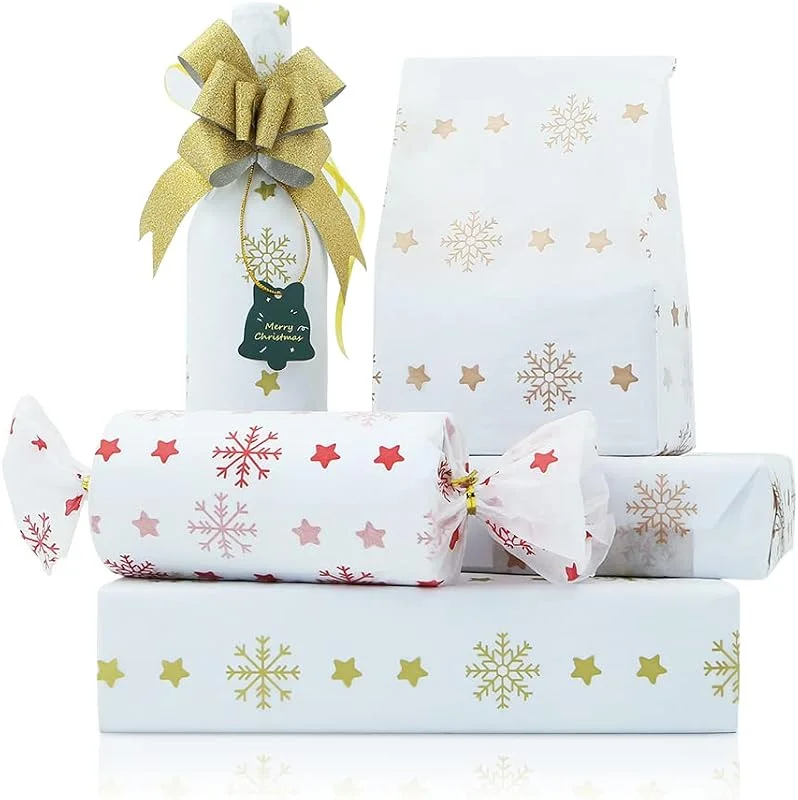 Boerni Papel de seda de Navidad con copo de nieve para bolsas de regalo, 60 hojas de papel de seda de 3 colores de copo de nieve a granel de 28 x 20 pulgadas, hojas de papel de regalo para manualidades — Envoltorio regalo