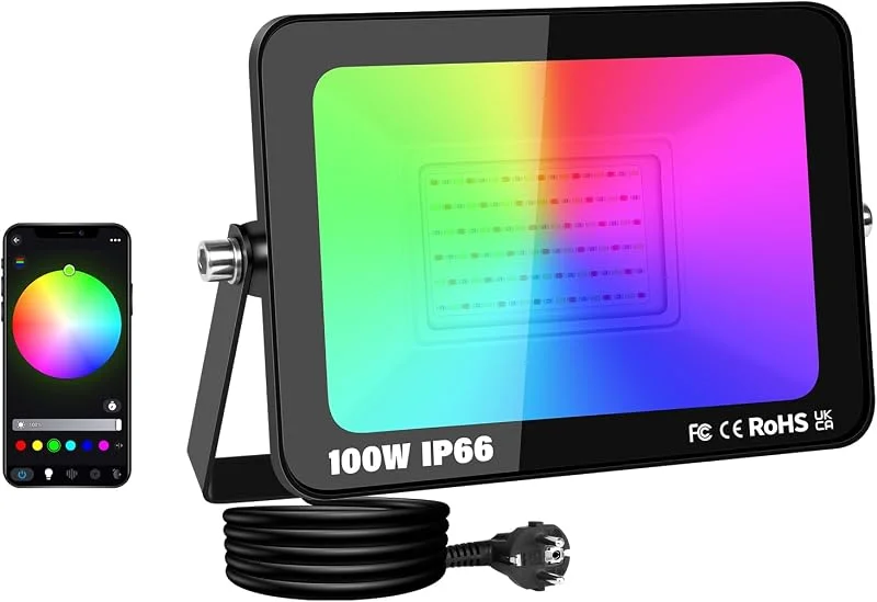 Visita la tienda de AUXTINGS AUXTINGS Foco reflector RGB para exteriores 100W, con cambio de color, aplicación Bluetooth control, IP66 resistente al agua, ideal para jardines, patios y Navidad — Luces Navidad