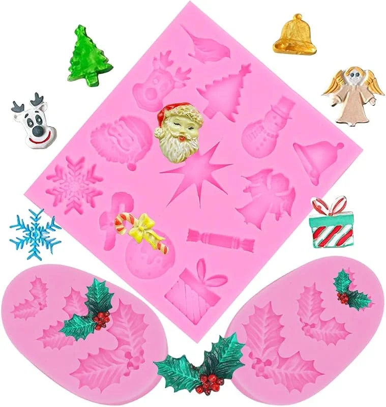 SUNSK Moldes de Pastel de Silicona Fondant 3D Molde de Navidad Hojas de Acebo Moldes Árbol de Navidad Molde para Tartas Caramelos Chocolate Jabón Moldes 3 piezas — Hogar y cocina