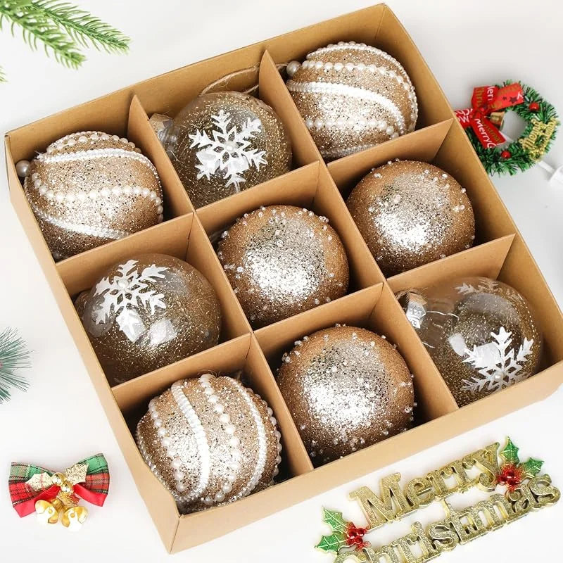 ZCOINS Juego de 9 bolas de Navidad de 8 cm con purpurina dorada con copo de nieve — Decoracion Navidad