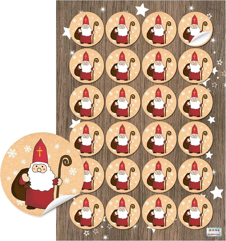 Visita la tienda de Logbuch-Verlag Pegatinas navidad Papá Noel, 24 unidades: stickers navideños redondos, etiquetas adhesivas para regalos, scrapbooking, manualidades, sobres y bolsas, Ø 4 cm, rojo blanco beige — Envoltorio regalo