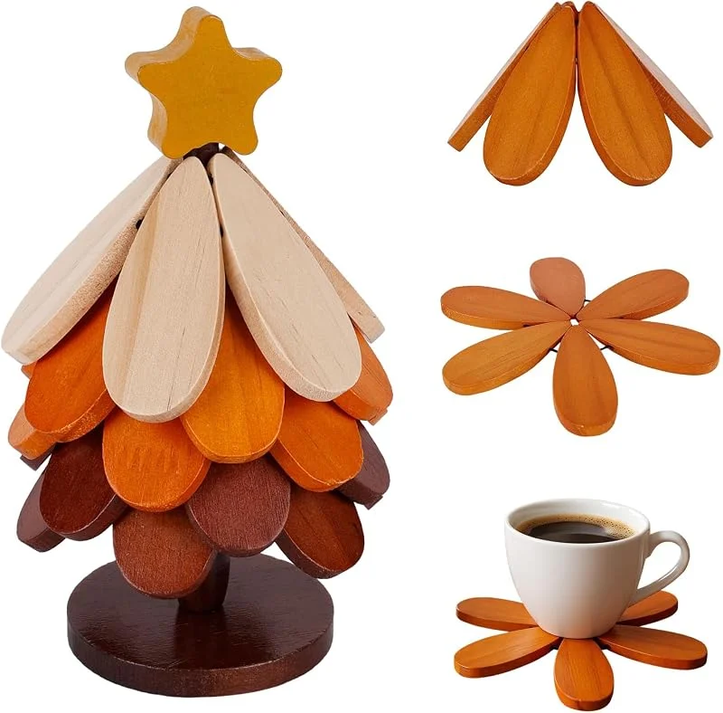 Gosknor Juego de 5 Salvamanteles Madera Árbol Navidad y Soporte — Hogar y cocina