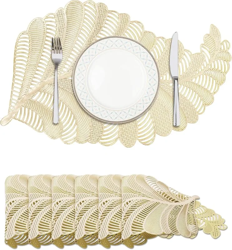Privalace PVC Manteles Individuales con Hojas Huecas de Dorado, Juego de 6 Salvamanteles Individuales Resistentes al Calor, para Cocina Comedor Bodas Decoración — Hogar y cocina