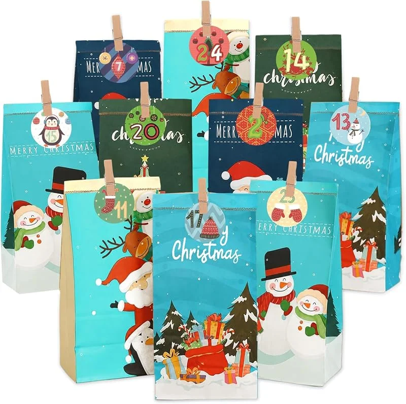 KBSICWO Kit Calendario Adviento Rellenar 24 Bolsas Papel, Pegatinas Numeros Pinzas Madera, DIY Manualidades Navidad Regalo, Color, 24 x 13 x 8 cm — Envoltorio regalo