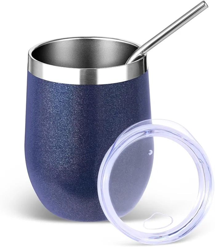 Visita la tienda de Volhoply Volhoply Vaso de vino de acero inoxidable de 12 onzas con tapa y popote, 350 ml, doble pared aislada al vacío, copas de vino sin tallo, taza de café de viaje para bebidas frías, vasos regalos para — Vino y mesa festiva