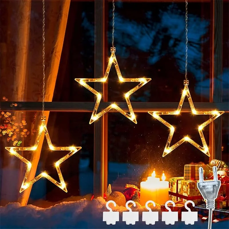 DAZZTIME Cortina Luces LED Estrellas, Guirnalda de Luces Interior Con 30 Estrellas, 8 Modos de Control Remoto, para Balcón, Ventana, Pared, Escaparate, Boda, Fiesta — Decoracion Navidad