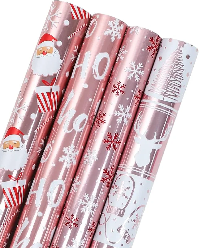 Visita la tienda de RUSPEPA RUSPEPA Rollo de Papel de - Papá Noel, Copos de Nieve y Renos Oro Rosa con Brillo de Lámina Metálica Adjunto- 4 Rollos - 76 cm X 305 cm Por Rollo — Envoltorio regalo